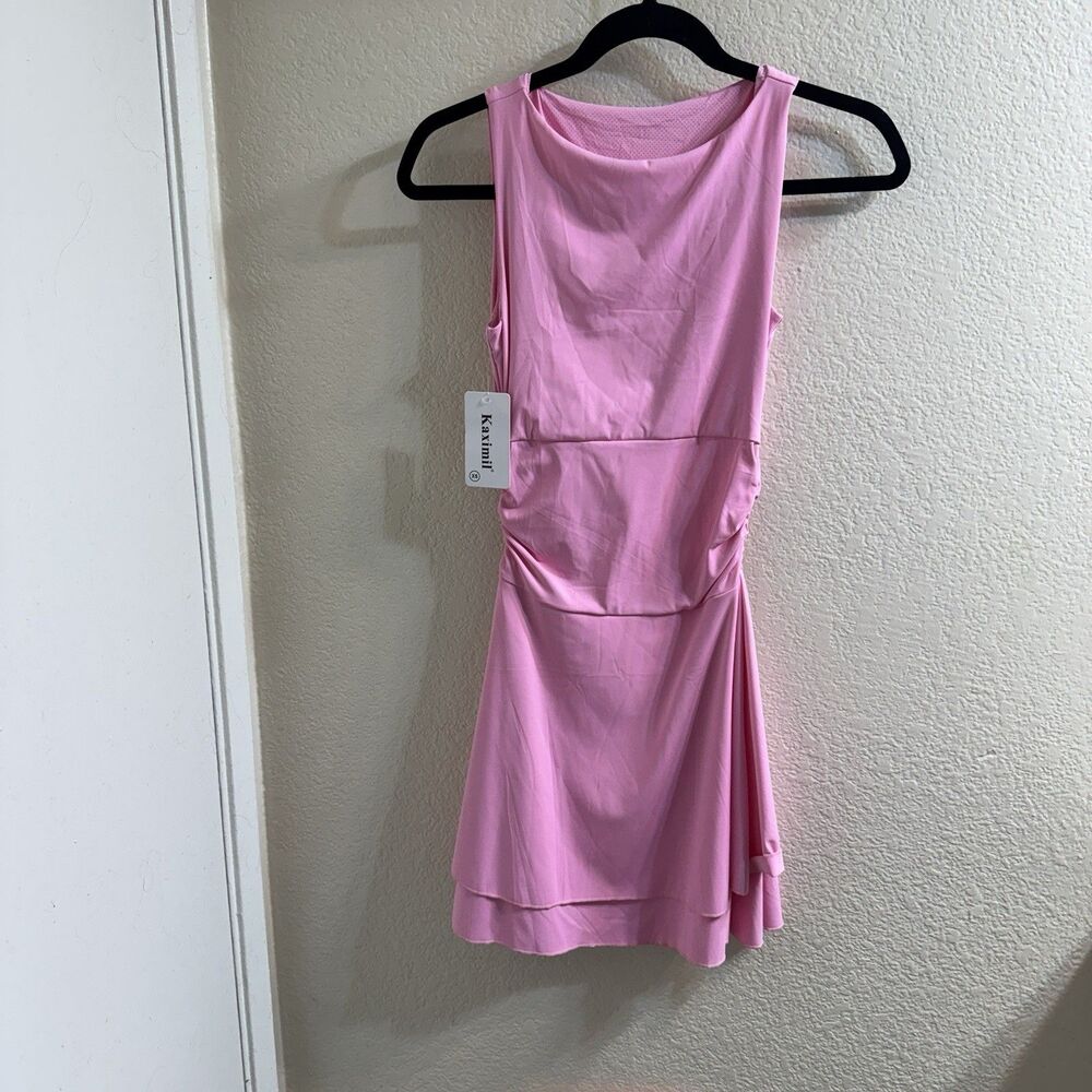 KAXIMIL XS Pink Athleisure Fit & Flare Pullover Stretch Party Dress Ruched Waist